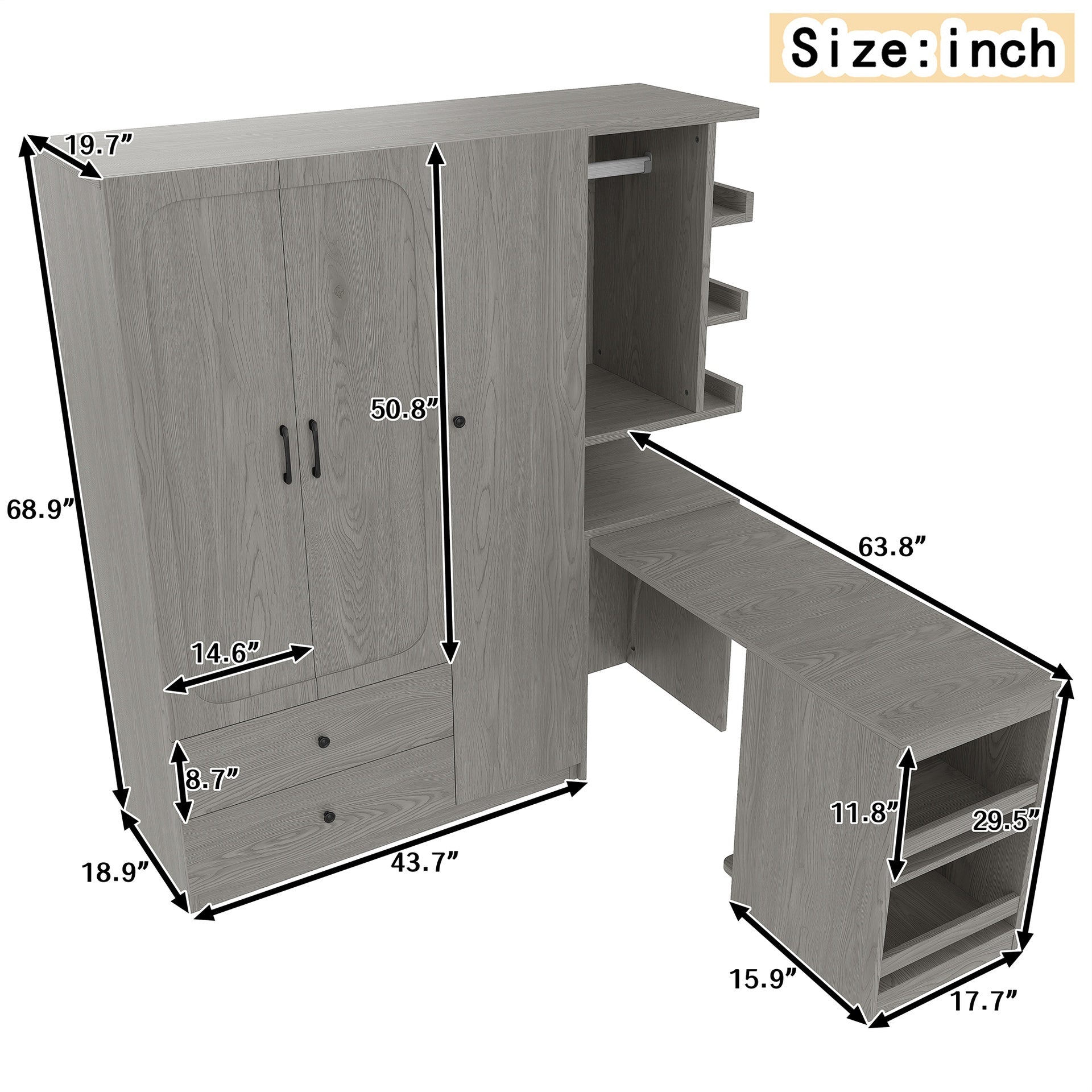 Multifunctional Wardrobe with 2 Doors and Hanging Rod, Wooden clothes closet with Convertible Desk and Storage Drawers, Multi-storage Spaces, for Bedroom, Cloak Room, Laundry, Gray