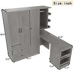 Multifunctional Wardrobe with 2 Doors and Hanging Rod, Wooden clothes closet with Convertible Desk and Storage Drawers, Multi-storage Spaces, for Bedroom, Cloak Room, Laundry, Gray