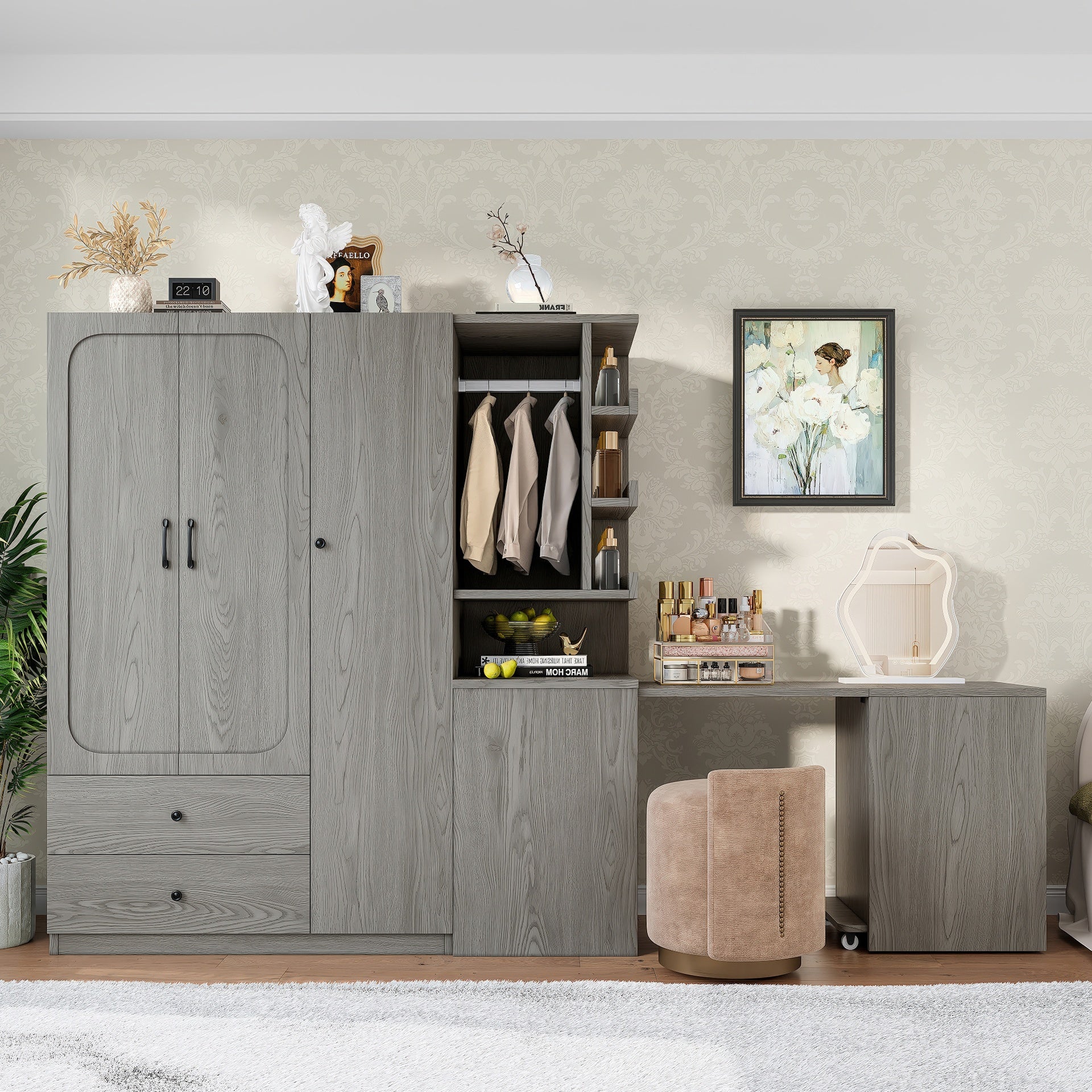 Multifunctional Wardrobe with 2 Doors and Hanging Rod, Wooden clothes closet with Convertible Desk and Storage Drawers, Multi-storage Spaces, for Bedroom, Cloak Room, Laundry, Gray