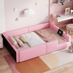 Twin Size Upholstered Platform Bed with Guardrail and Charging Station, Pink
