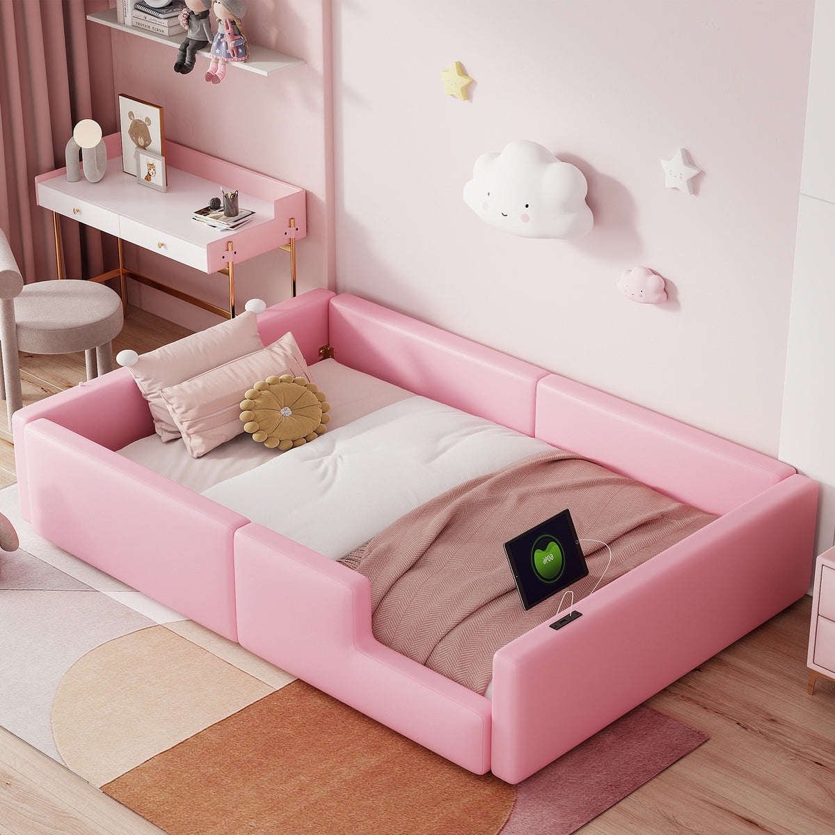 Twin Size Upholstered Platform Bed with Guardrail and Charging Station, Pink