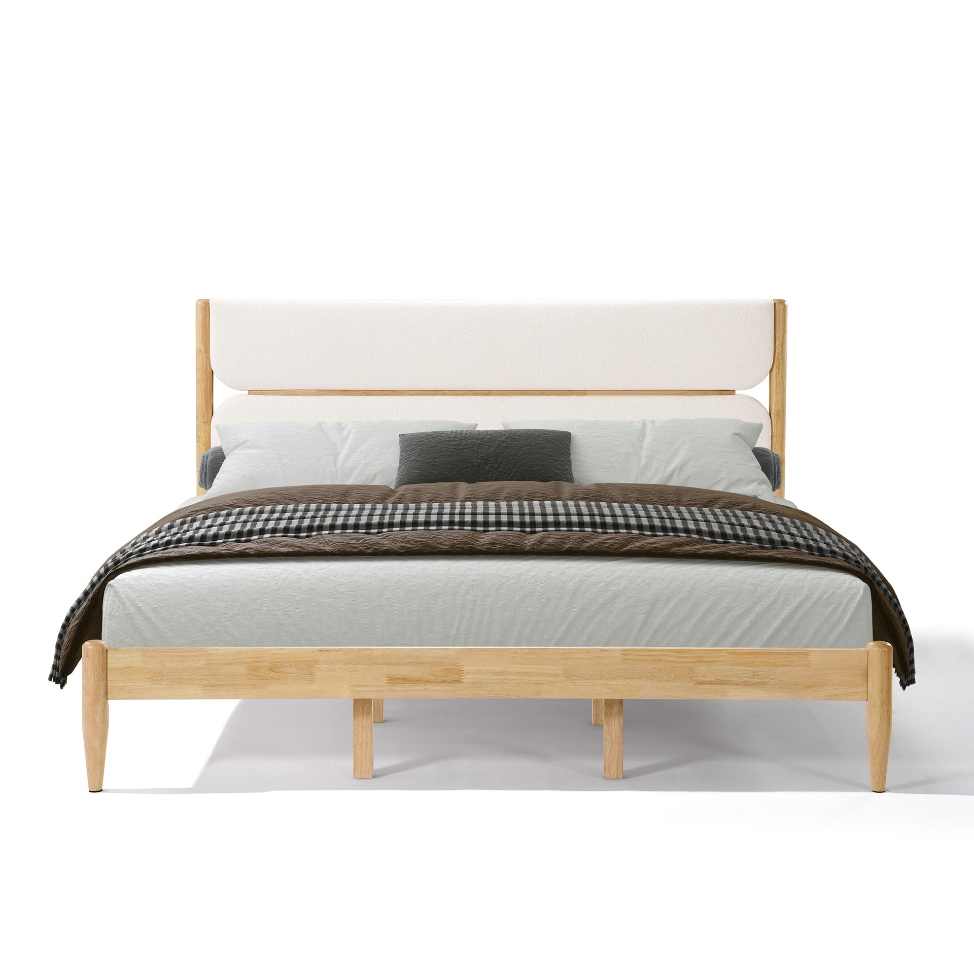 King Size Solid Wood Bed Frame With Fleece Upholstered Headboard, Ivory