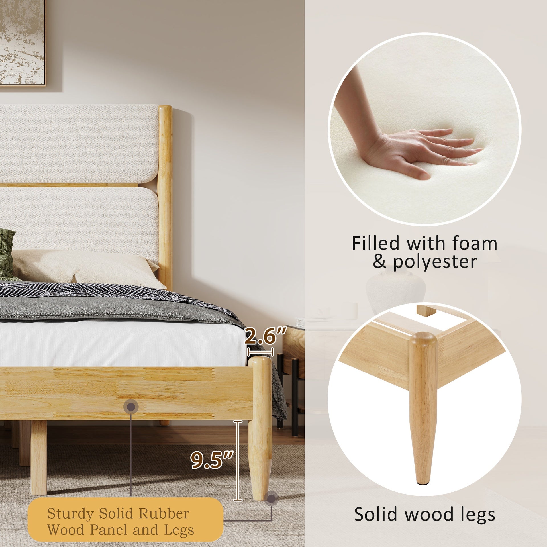 King Size Solid Wood Bed Frame With Fleece Upholstered Headboard, Ivory