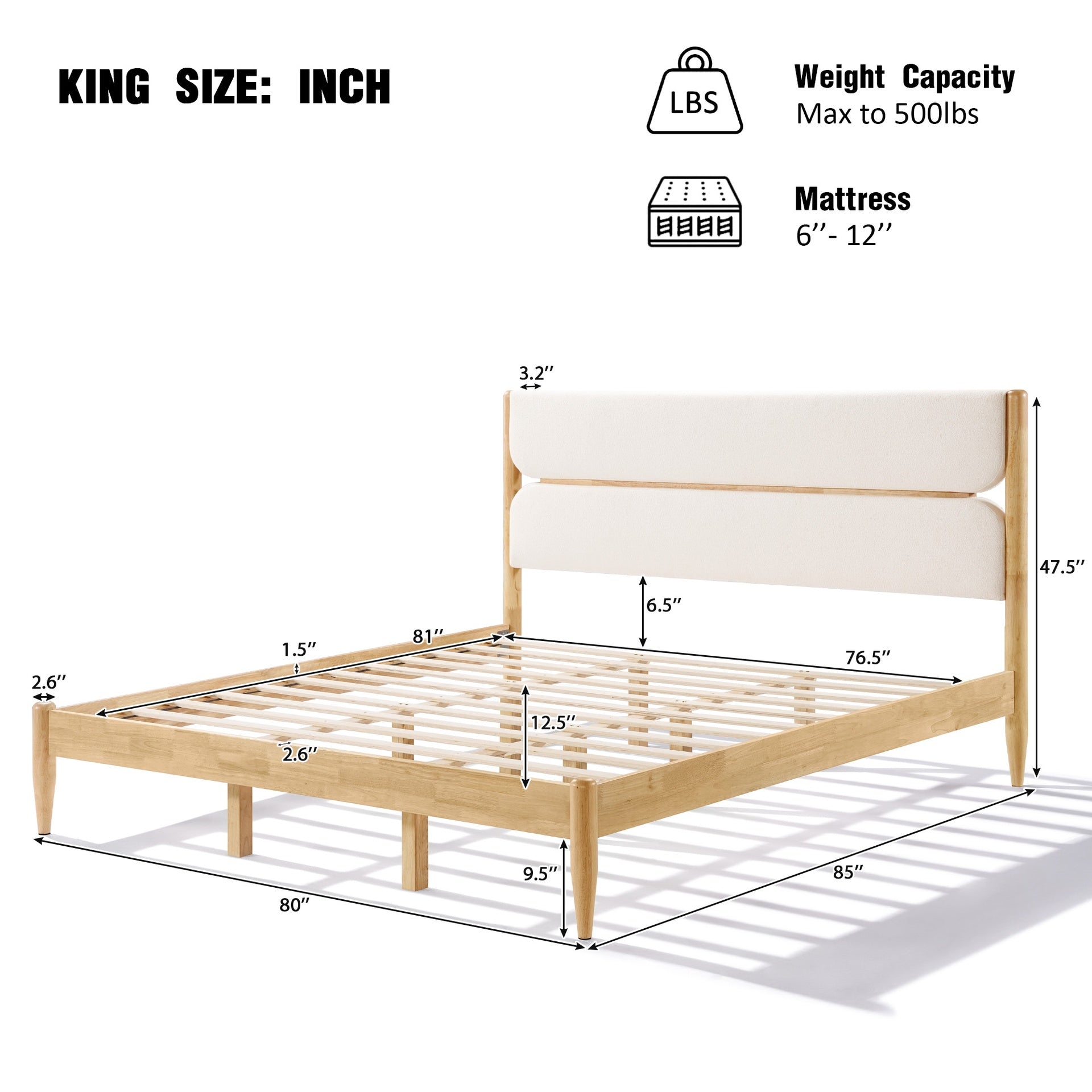 King Size Solid Wood Bed Frame With Fleece Upholstered Headboard, Ivory