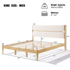King Size Solid Wood Bed Frame With Fleece Upholstered Headboard, Ivory