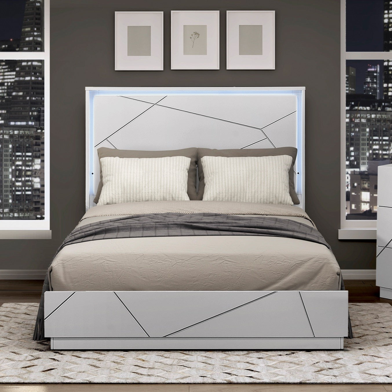 Glamorous White Finish Queen Size LED Light Headboard Bedroom Furniture 1pc Geometric Design Accents