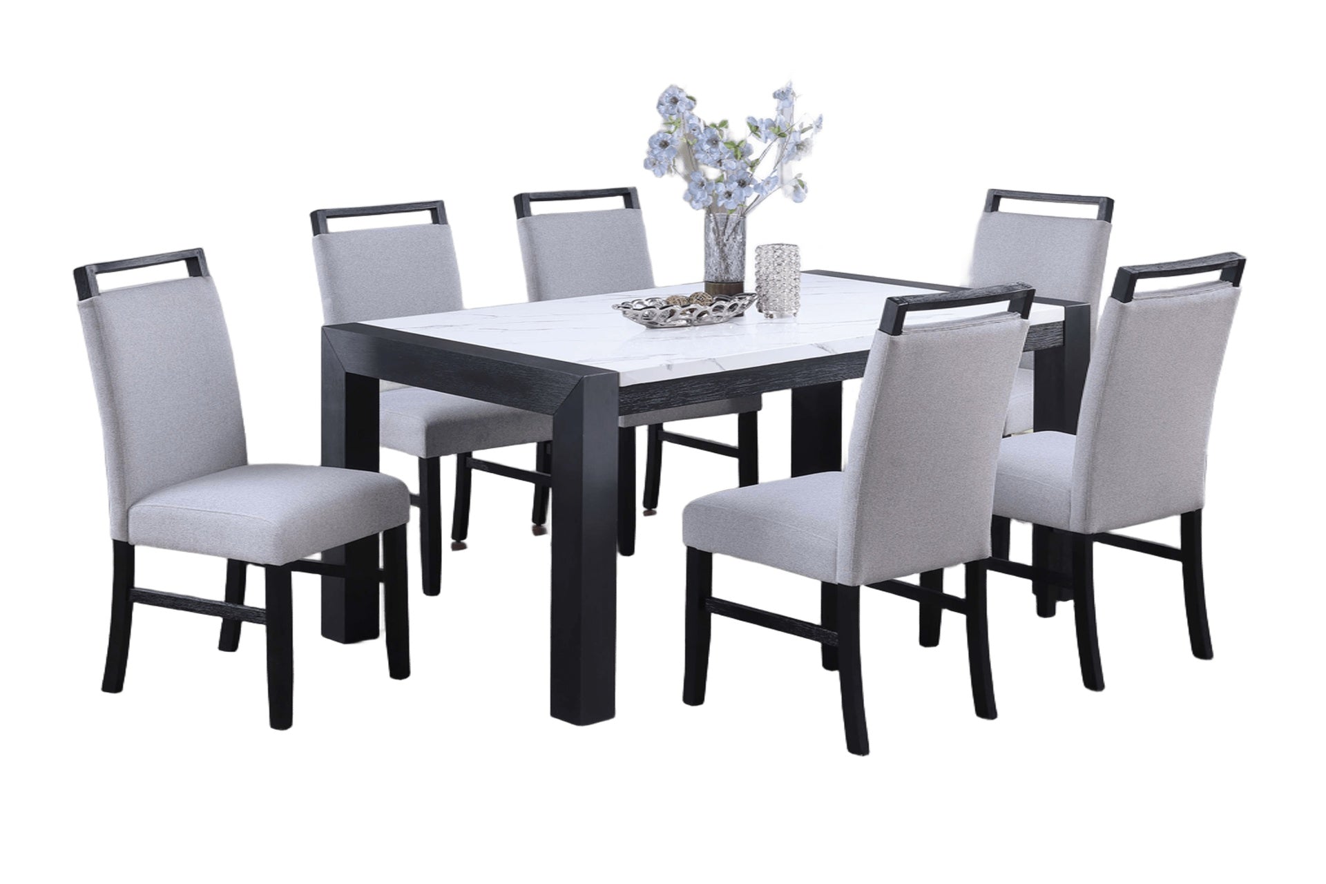 Modern Style Dining Table And 6x Side Chairs White Faux Marble Top Table Handle back Chair Wooden 7pc Dining Set