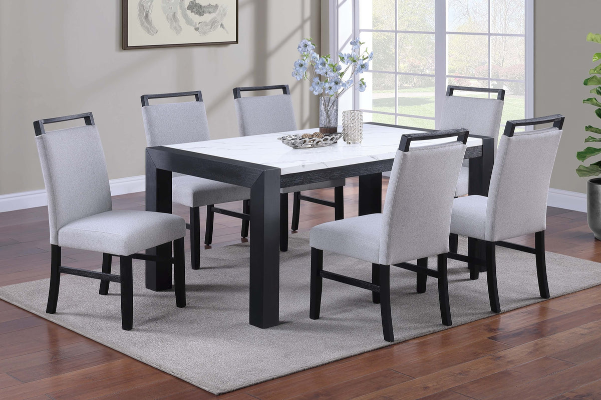 Modern Style Dining Table And 6x Side Chairs White Faux Marble Top Table Handle back Chair Wooden 7pc Dining Set