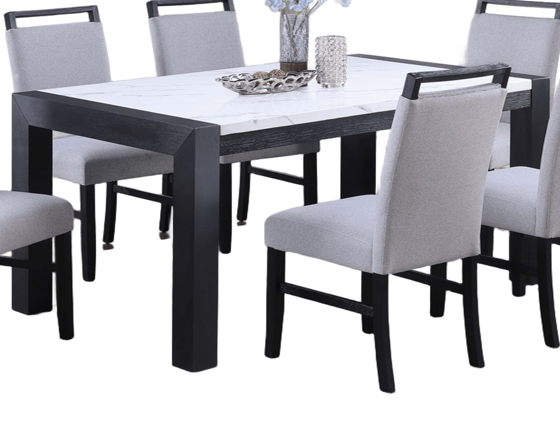 Modern Style Dining Table And 6x Side Chairs White Faux Marble Top Table Handle back Chair Wooden 7pc Dining Set