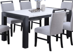 Modern Style Dining Table And 6x Side Chairs White Faux Marble Top Table Handle back Chair Wooden 7pc Dining Set
