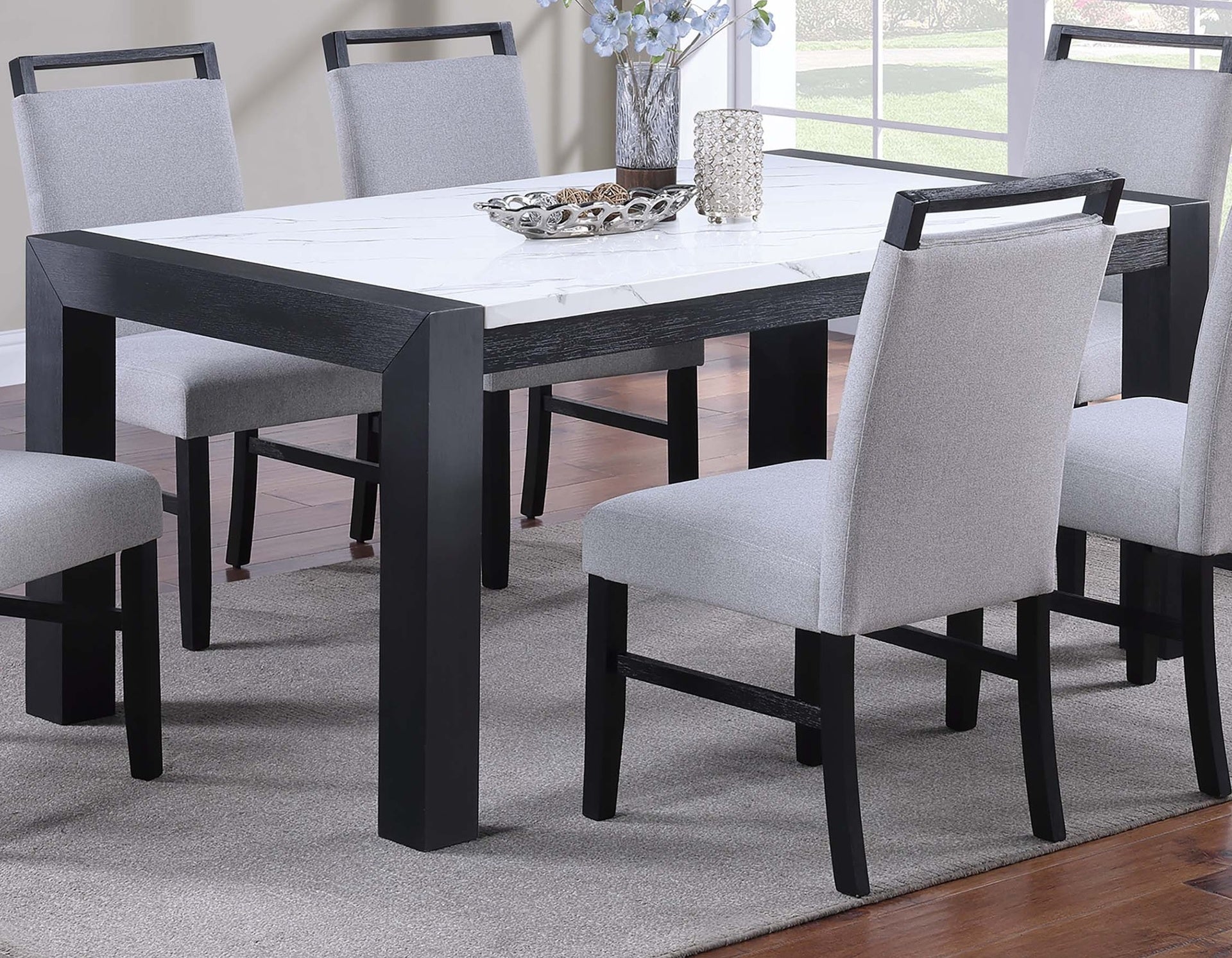 Modern Style Dining Table And 6x Side Chairs White Faux Marble Top Table Handle back Chair Wooden 7pc Dining Set