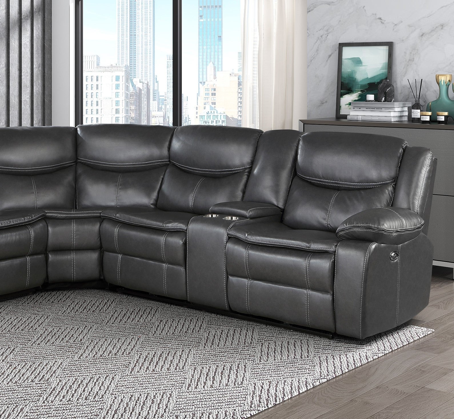 Modern 3-Piece Power Reclining Sectional with Right Side Console Dark Gray Breathable Faux Leather USB Ports Solid Wood Living Room Furniture