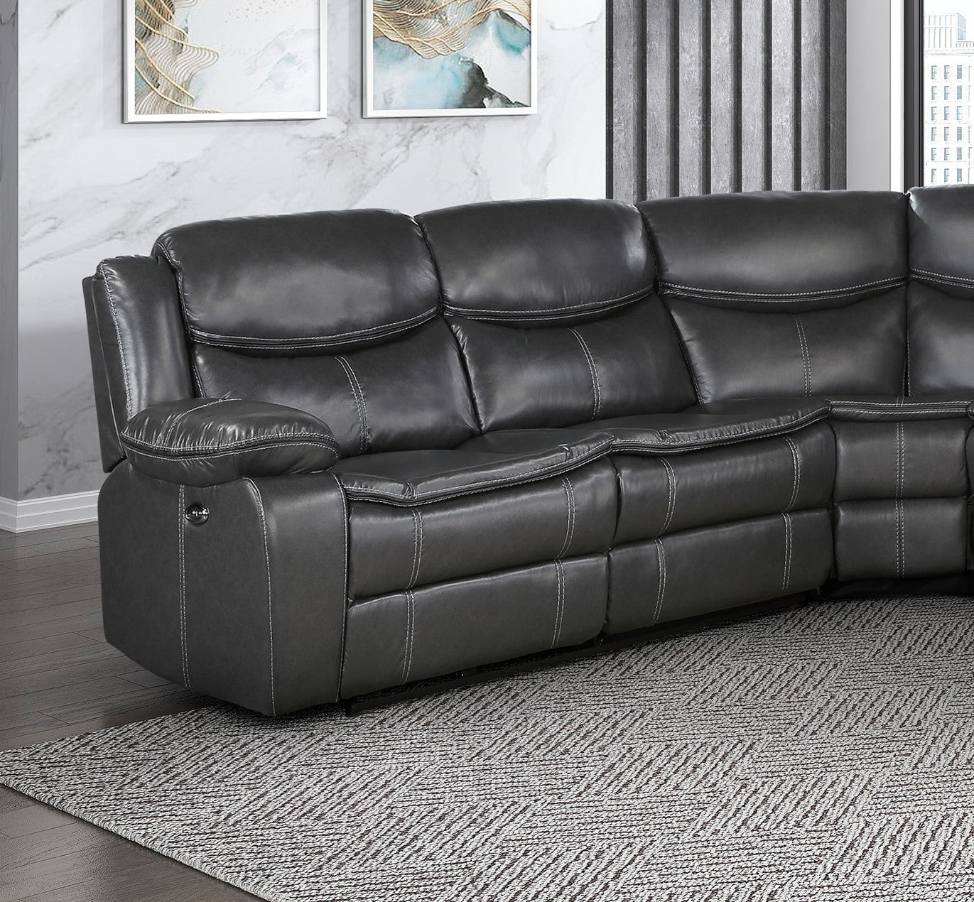 Modern 3-Piece Power Reclining Sectional with Right Side Console Dark Gray Breathable Faux Leather USB Ports Solid Wood Living Room Furniture