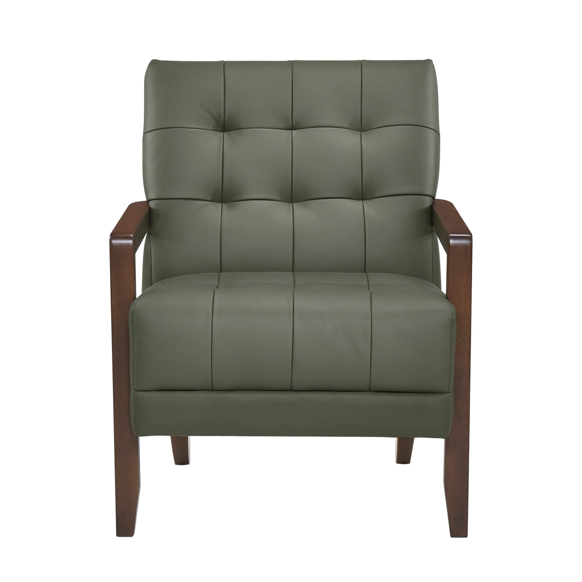 Modern Style Accent Chair Green Leather Upholstered Tufted Detail Walnut Finish Wood Furniture 1pc