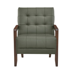 Modern Style Accent Chair Green Leather Upholstered Tufted Detail Walnut Finish Wood Furniture 1pc