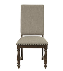 Traditional Classic Brown Dinng Chair Set of 2 Beige Fabric Upholstered Nailhead Trim Wooden Dining Room Furniture