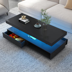 VIBE HAUS LED Coffee Table with Storage, Modern Center Table with 2 Drawers and Display Shelves, Accent Furniture with LED Lights for Living Room,Black