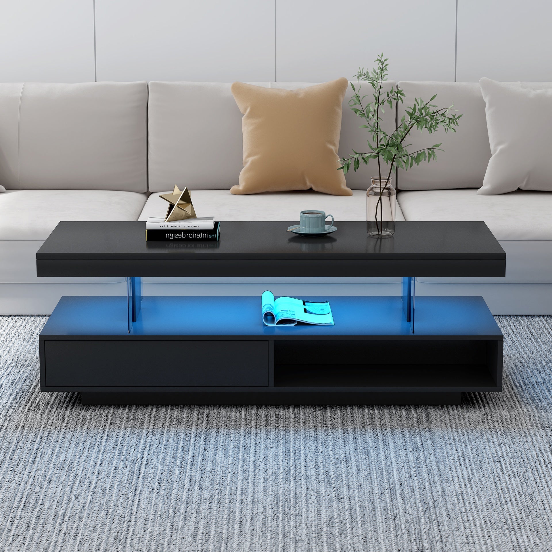 VIBE HAUS LED Coffee Table with Storage, Modern Center Table with 2 Drawers and Display Shelves, Accent Furniture with LED Lights for Living Room,Black