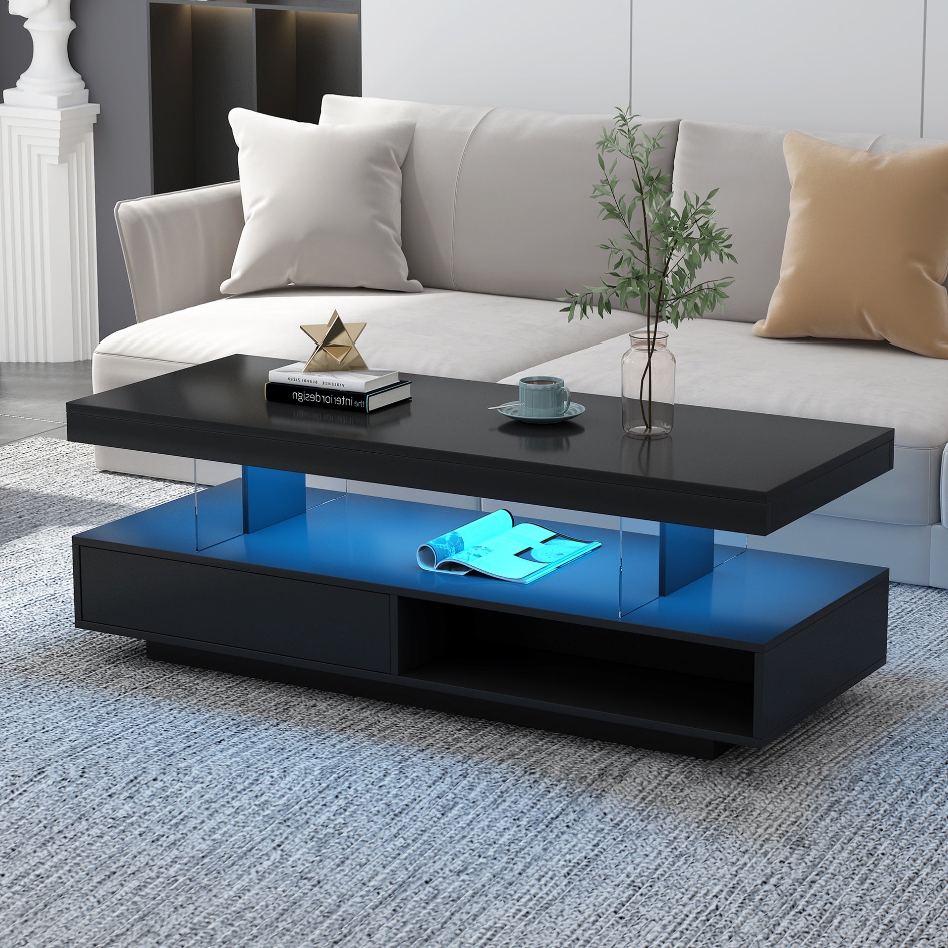 VIBE HAUS LED Coffee Table with Storage, Modern Center Table with 2 Drawers and Display Shelves, Accent Furniture with LED Lights for Living Room,Black