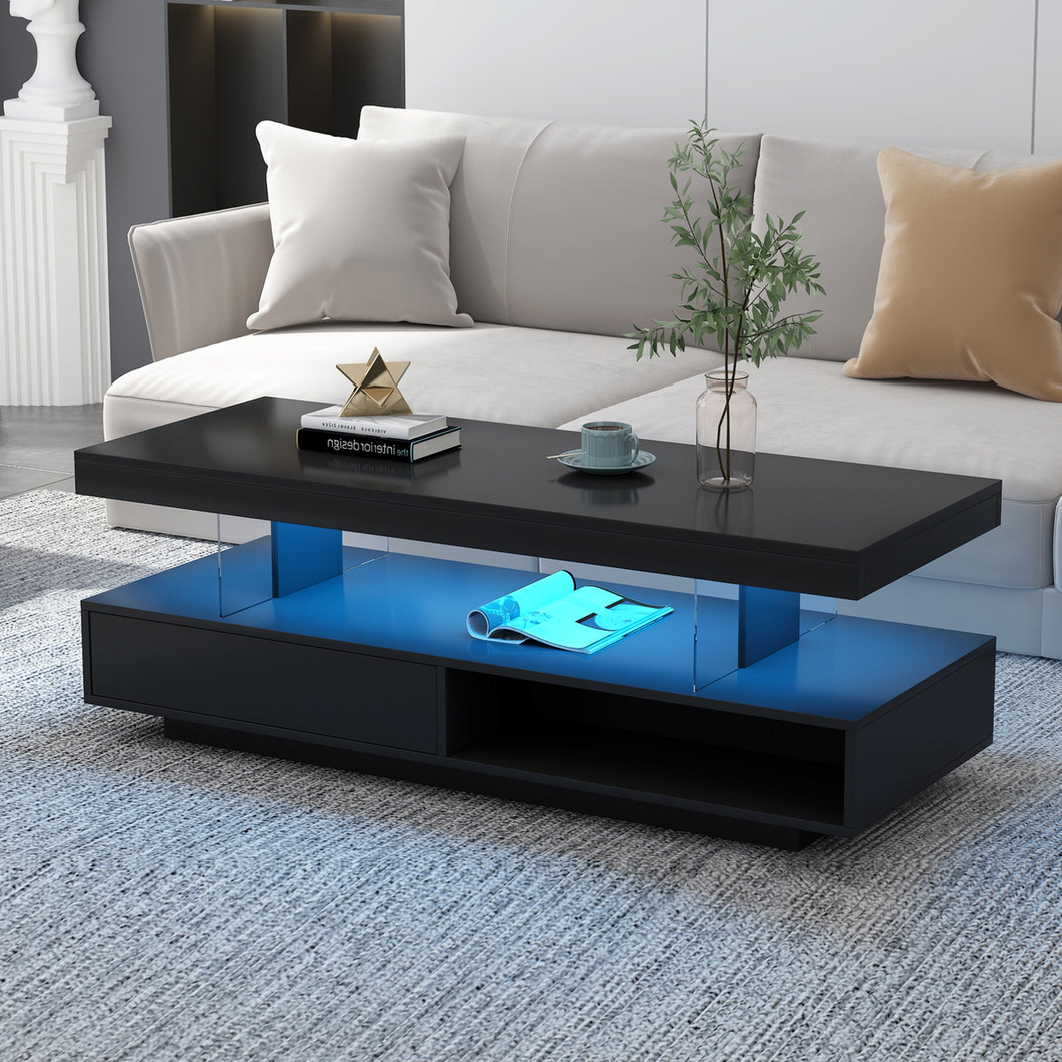 VIBE HAUS LED Coffee Table with Storage, Modern Center Table with 2 Drawers and Display Shelves, Accent Furniture with LED Lights for Living Room,Black