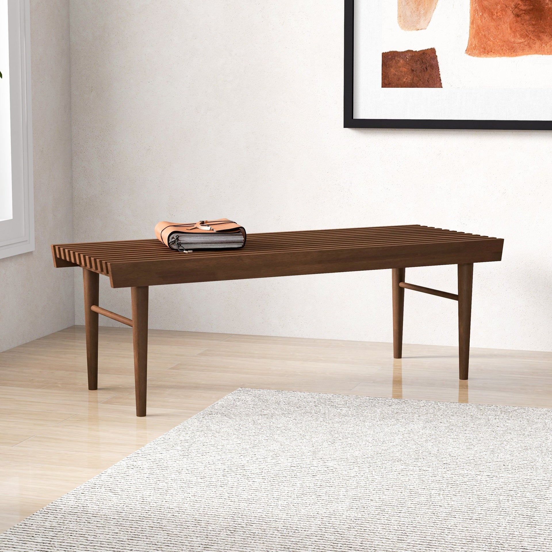 Mia Mid Century Modern Solid Wood Bench with Natural Walnut Stain Finish 15.5'' H x 47.2'' W x 18.1'' D  for Living Room, Hallway, Bedroom, Bathroom