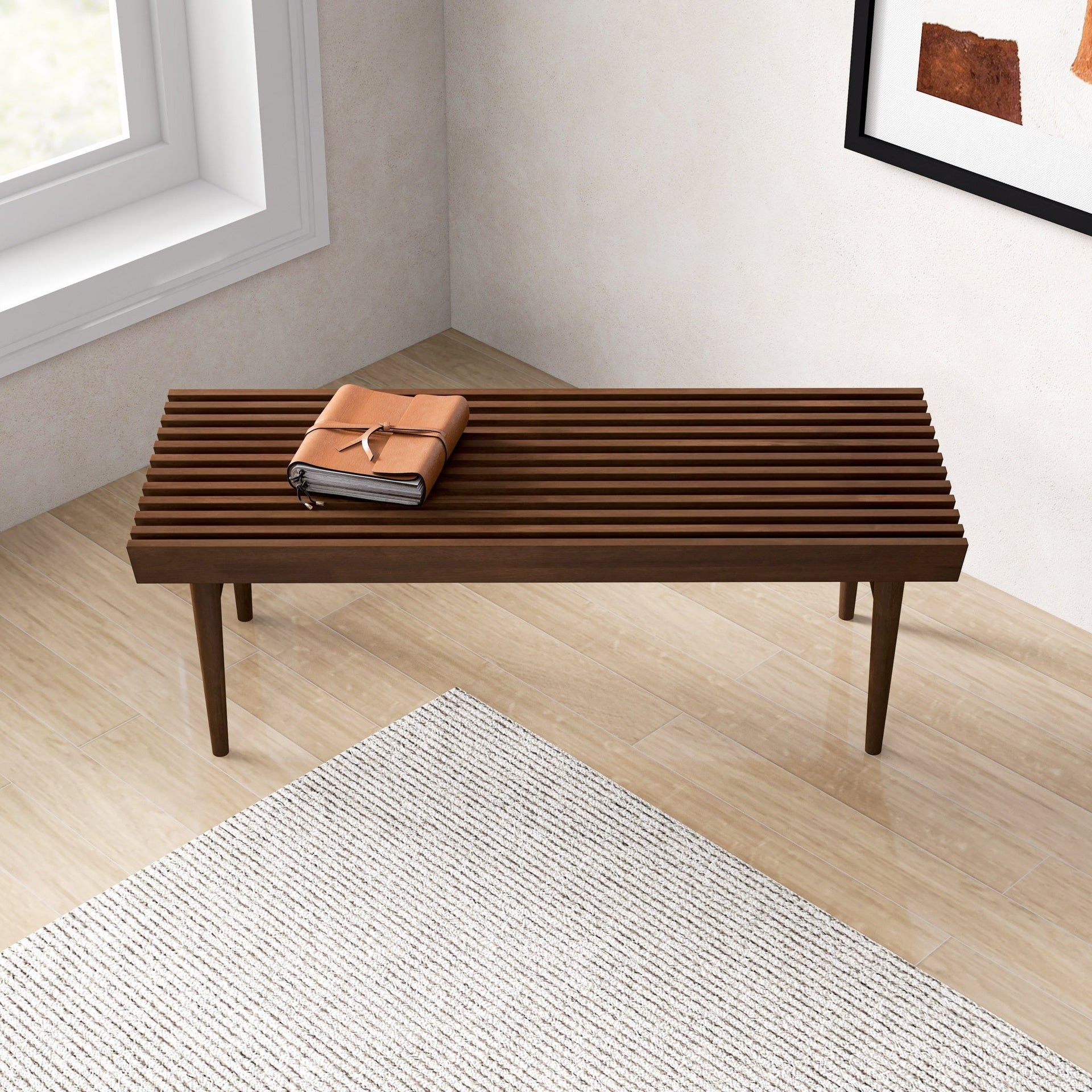 Mia Mid Century Modern Solid Wood Bench with Natural Walnut Stain Finish 15.5'' H x 47.2'' W x 18.1'' D  for Living Room, Hallway, Bedroom, Bathroom