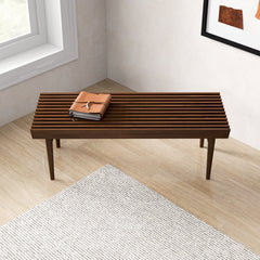 Mia Mid Century Modern Solid Wood Bench with Natural Walnut Stain Finish 15.5'' H x 47.2'' W x 18.1'' D  for Living Room, Hallway, Bedroom, Bathroom