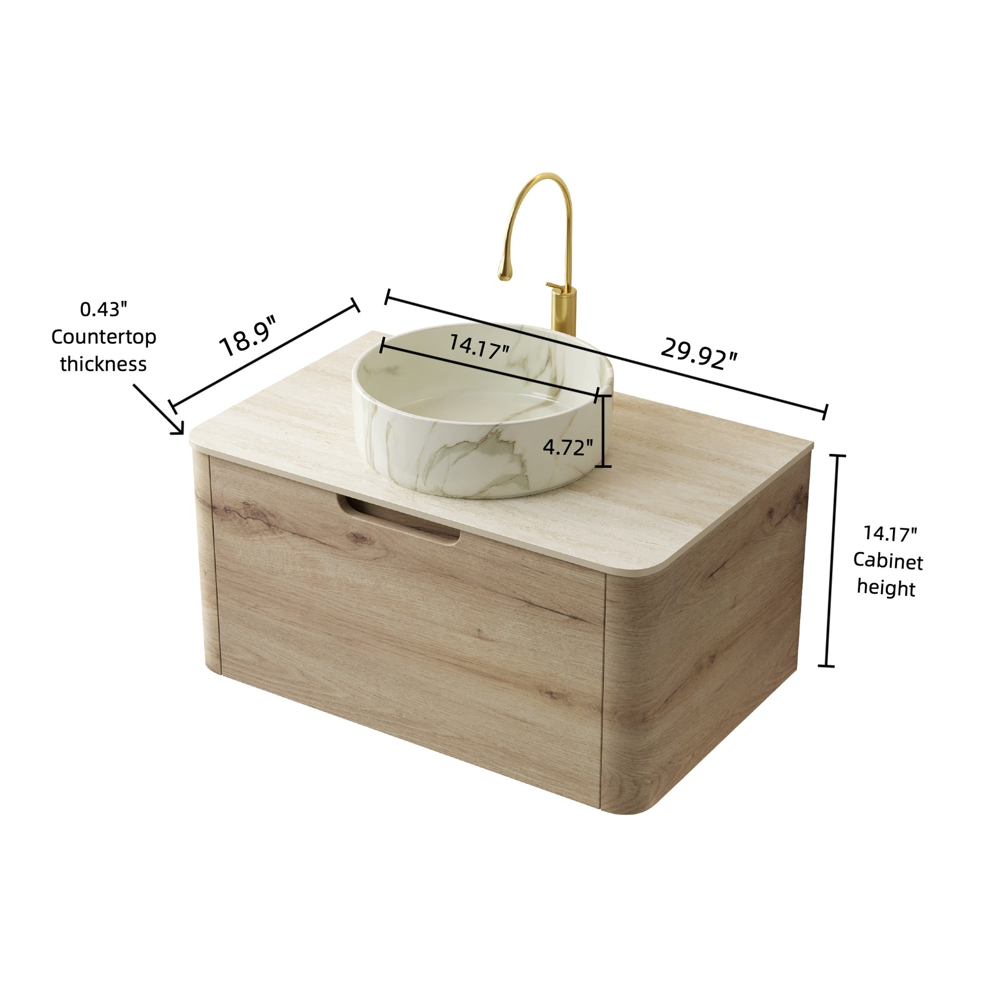 XAI 30" Bathroom Vanity&Sink, Floating Plywood Storage Cabinet with Drawer, Ceramic Basin with Stone Pattern& Travertine-Pattern Sintered Stone Top, Pre-assembled, White Oak Woodgrain Color