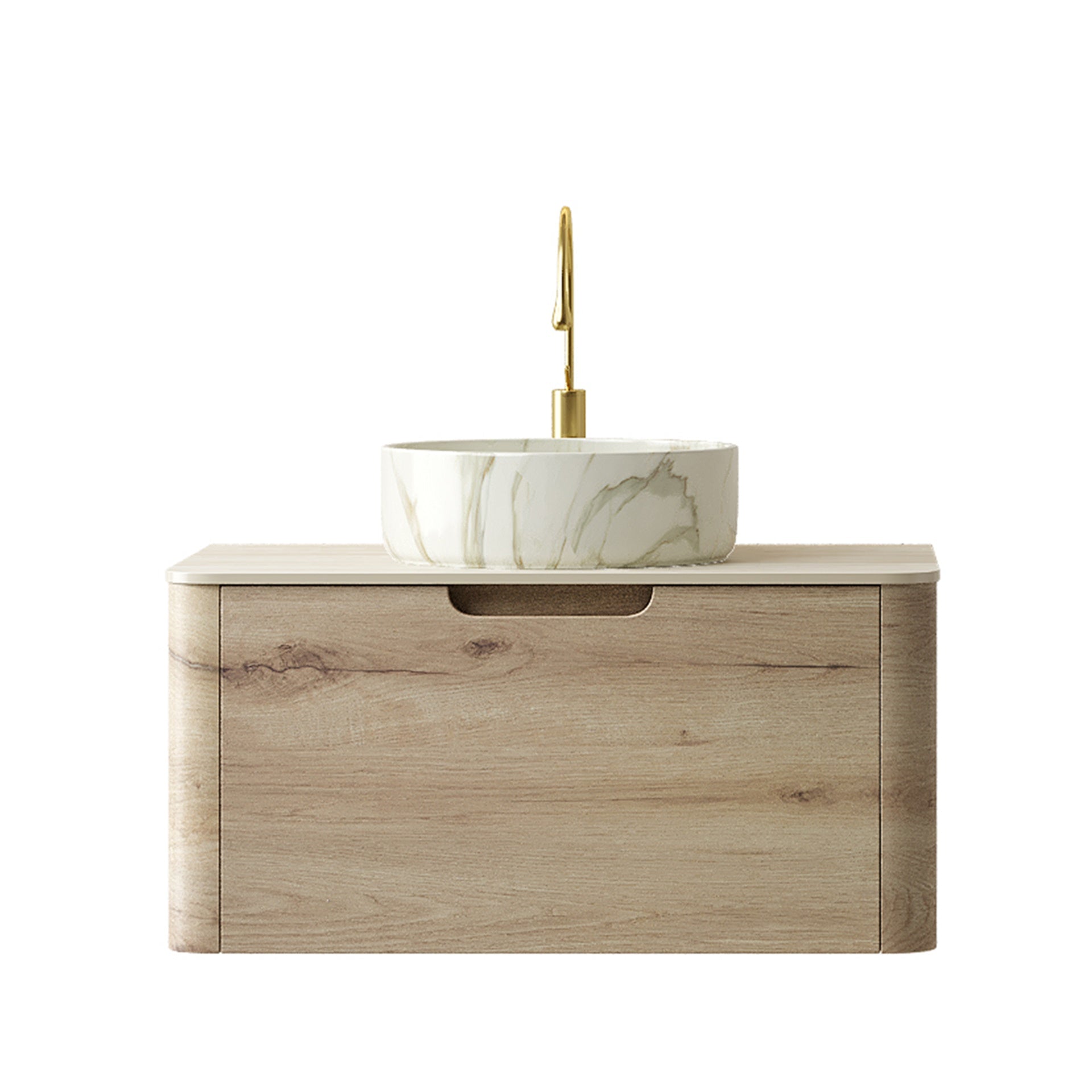 XAI 30" Bathroom Vanity&Sink, Floating Plywood Storage Cabinet with Drawer, Ceramic Basin with Stone Pattern& Travertine-Pattern Sintered Stone Top, Pre-assembled, White Oak Woodgrain Color
