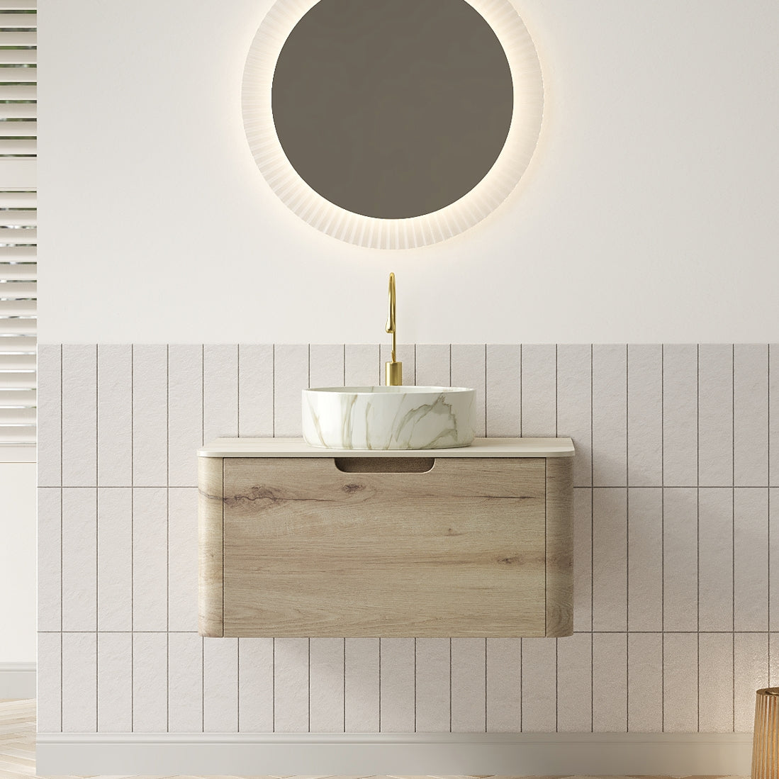 XAI 30" Bathroom Vanity&Sink, Floating Plywood Storage Cabinet with Drawer, Ceramic Basin with Stone Pattern& Travertine-Pattern Sintered Stone Top, Pre-assembled, White Oak Woodgrain Color