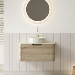 XAI 30" Bathroom Vanity&Sink, Floating Plywood Storage Cabinet with Drawer, Ceramic Basin with Stone Pattern& Travertine-Pattern Sintered Stone Top, Pre-assembled, White Oak Woodgrain Color