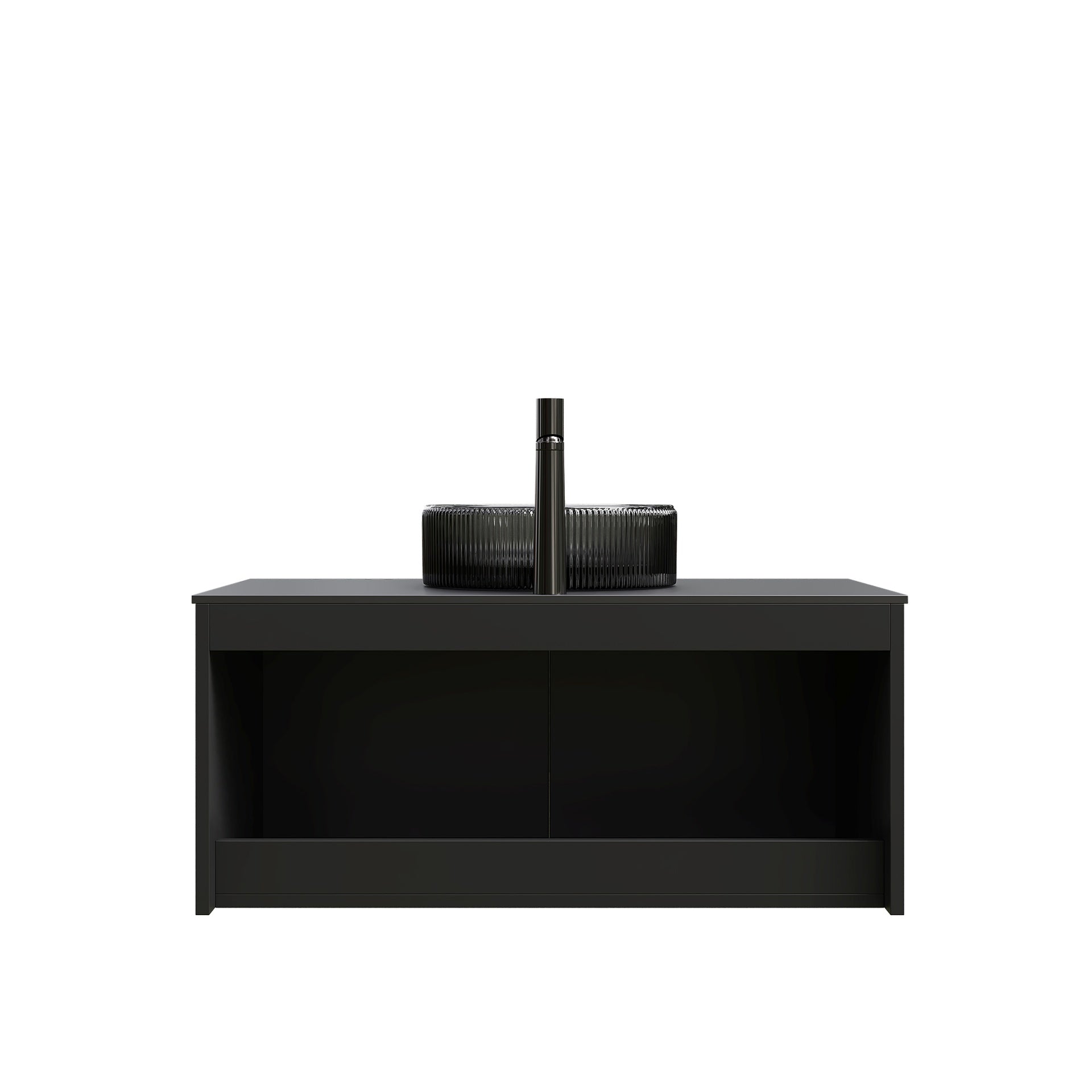 RUBEN 36" Bathroom Vanity&Sink, Wall-Mounted Floating Plywood Storage Cabinet, Twill Double Doors with Metal Trim, Transparent Black Round Glass Basin&Black Sintered Stone Top, Black