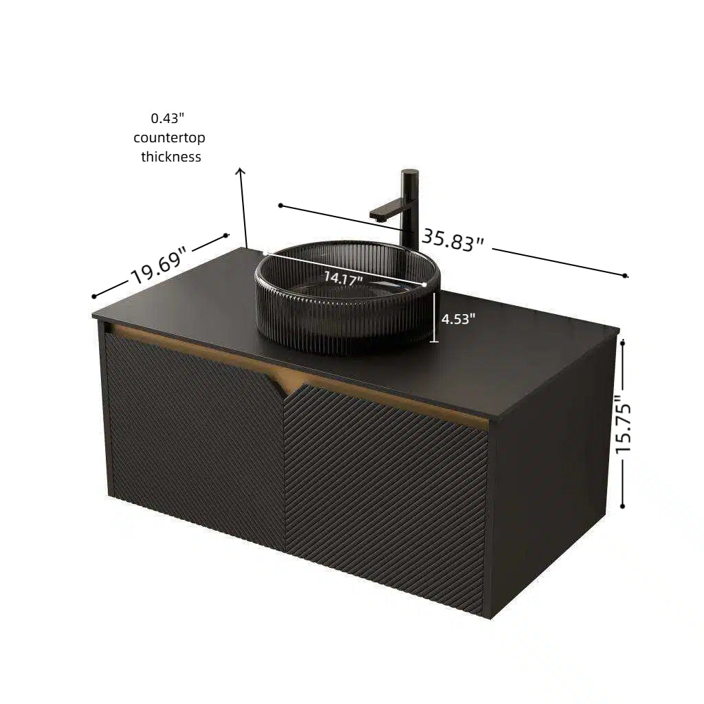 RUBEN 36" Bathroom Vanity&Sink, Wall-Mounted Floating Plywood Storage Cabinet, Twill Double Doors with Metal Trim, Transparent Black Round Glass Basin&Black Sintered Stone Top, Black