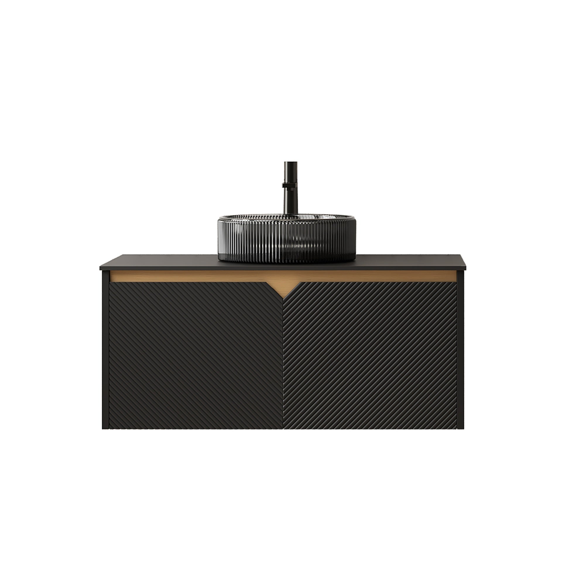 RUBEN 36" Bathroom Vanity&Sink, Wall-Mounted Floating Plywood Storage Cabinet, Twill Double Doors with Metal Trim, Transparent Black Round Glass Basin&Black Sintered Stone Top, Black