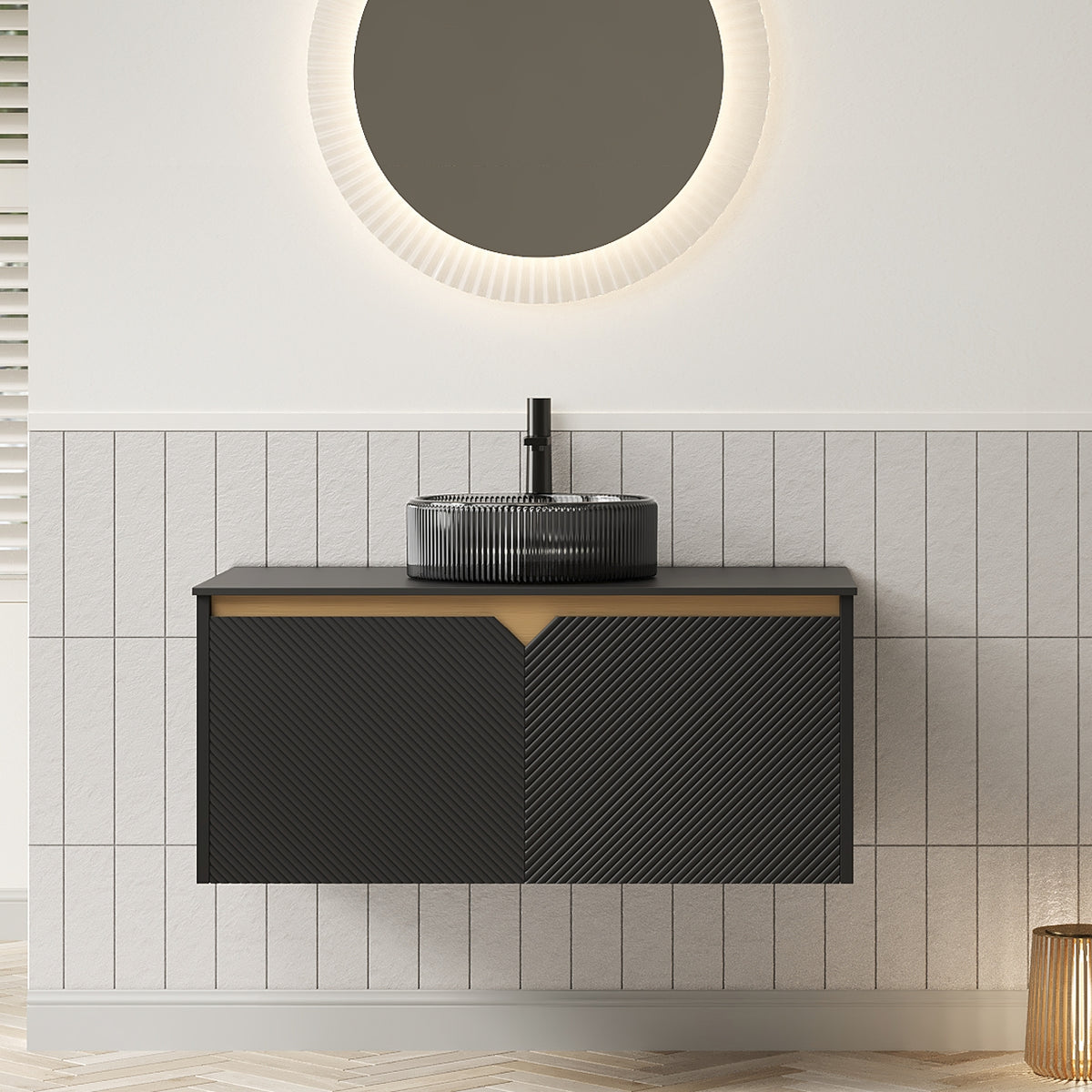 RUBEN 36" Bathroom Vanity&Sink, Wall-Mounted Floating Plywood Storage Cabinet, Twill Double Doors with Metal Trim, Transparent Black Round Glass Basin&Black Sintered Stone Top, Black