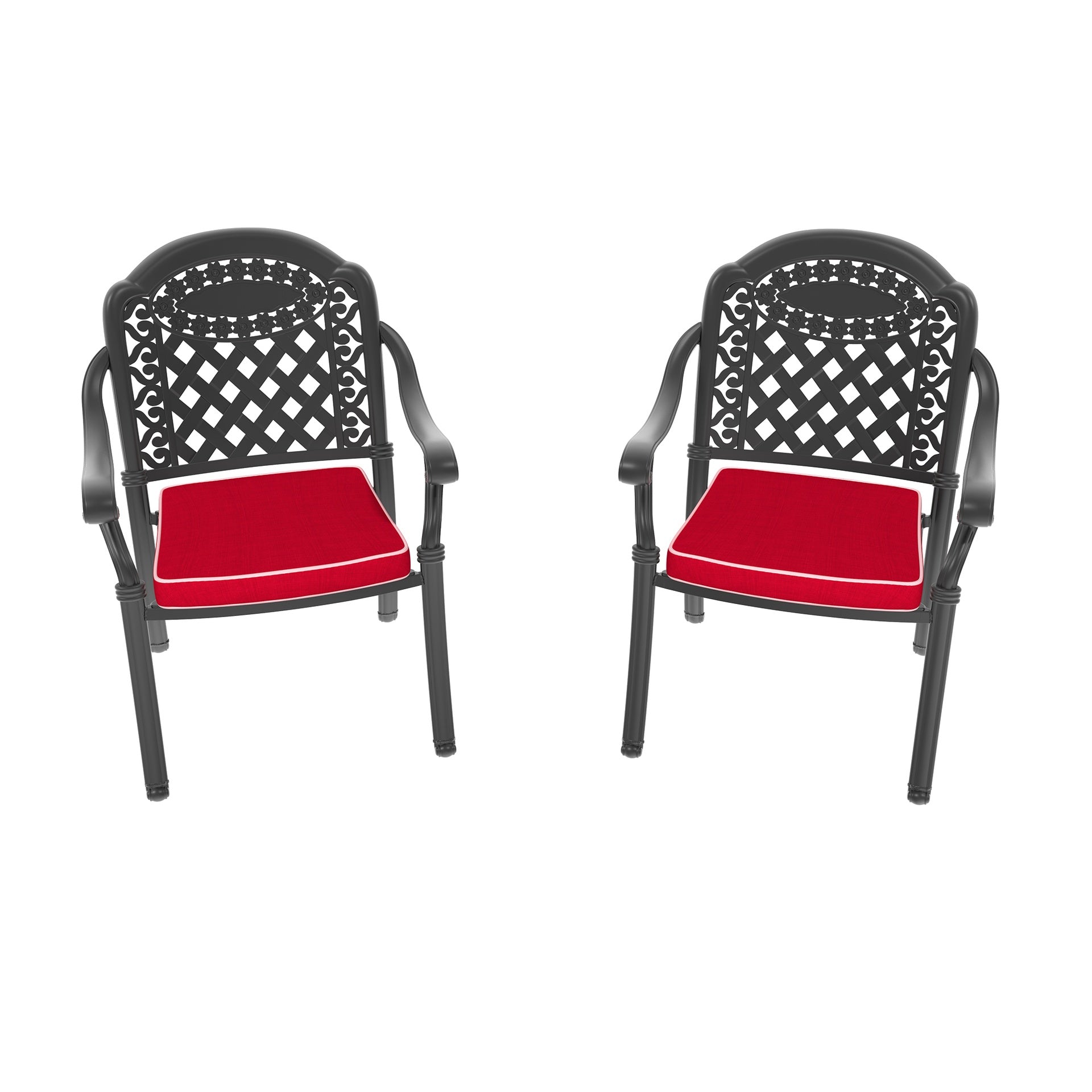 Cast Aluminum Patio Dining Chair 2PCS With Black Frame and Red Cushions
