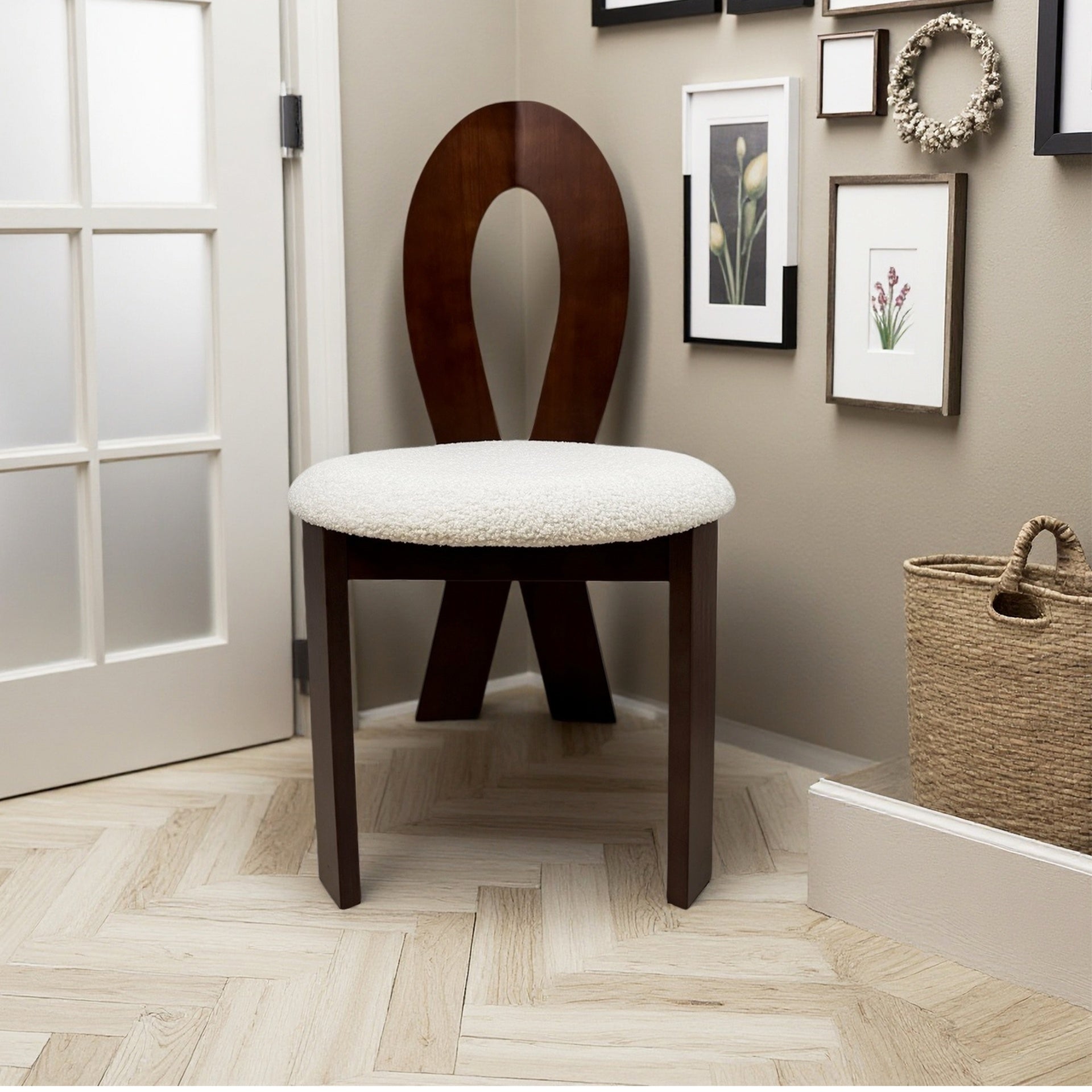 Dining Chairs Set of 2, Key-design Home Chairs, Pure White Teddy Velvet Solid Wooden Dining Chairs with Ribbon-Cross Backrest for Kitchen & Dining Room - Deep Walnut Brown