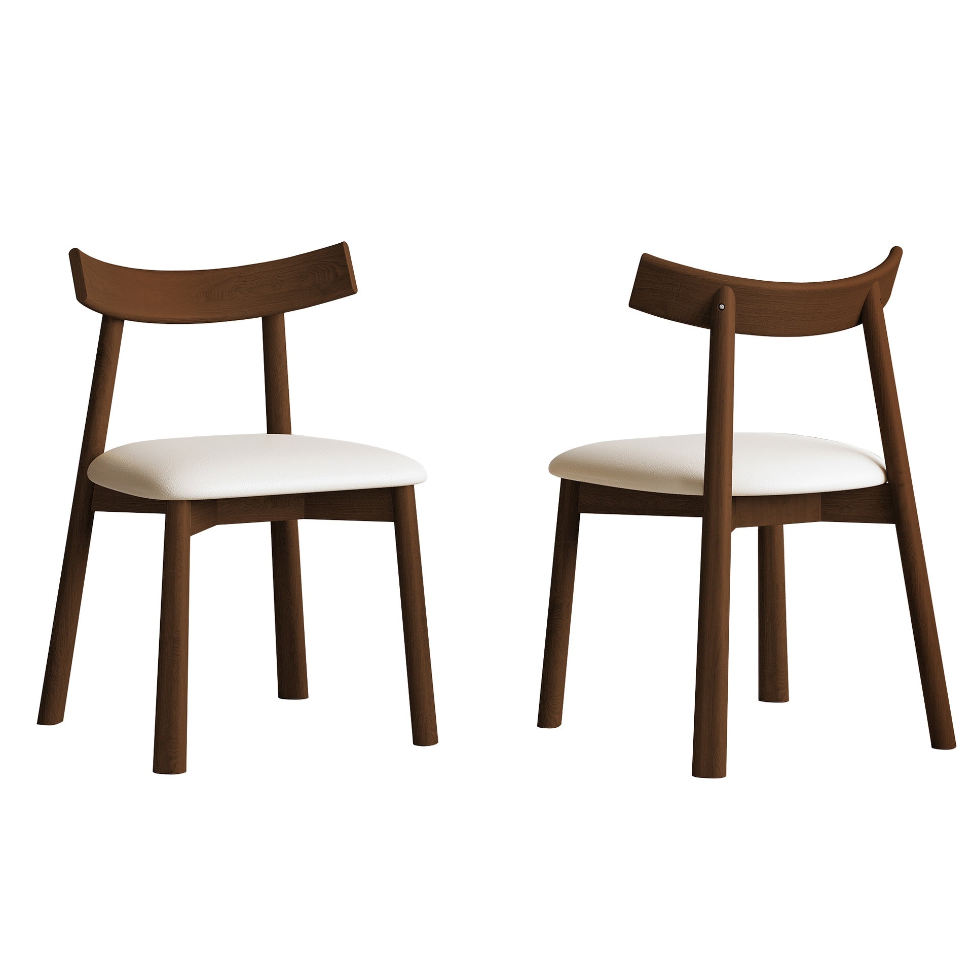 Set of 2 Modern Dining Chairs in Walnut Finish, Ergonomic Armless Kitchen Chairs with Thick Cushions, Leather Upholstery & Sturdy Wooden Legs, Curved Backrest Chairs for Restaurant, Cafe, Bedroom