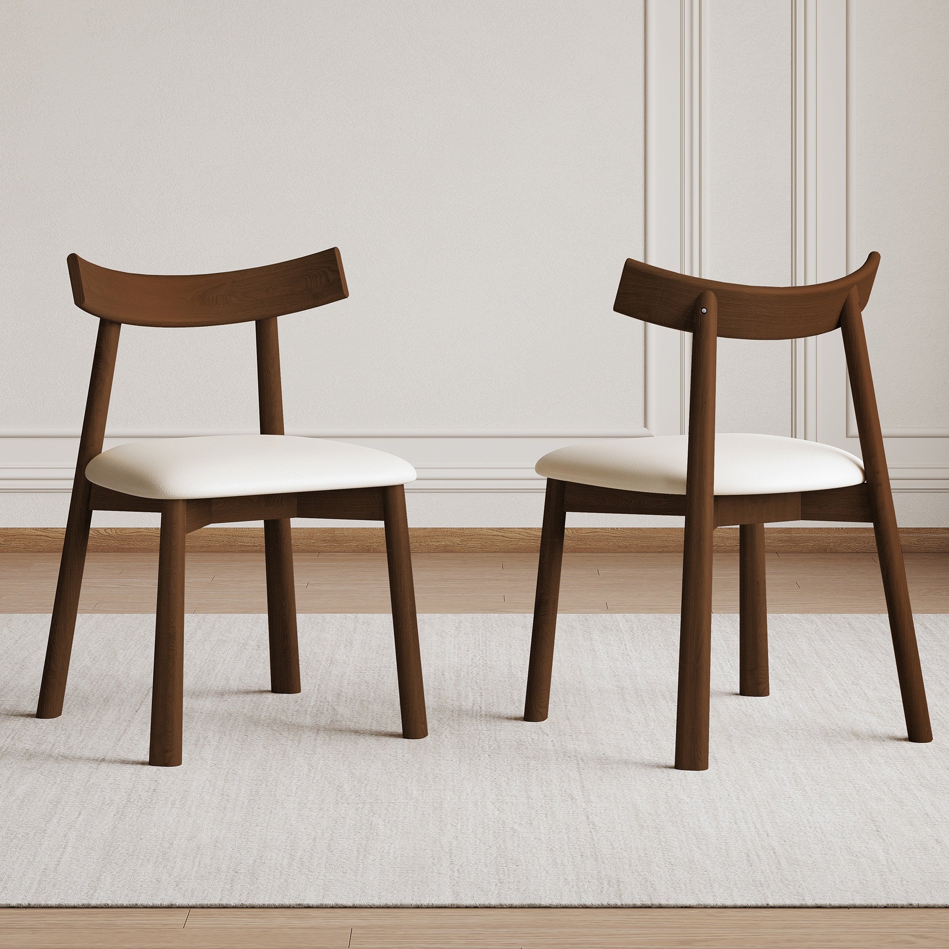 Set of 2 Modern Dining Chairs in Walnut Finish, Ergonomic Armless Kitchen Chairs with Thick Cushions, Leather Upholstery & Sturdy Wooden Legs, Curved Backrest Chairs for Restaurant, Cafe, Bedroom