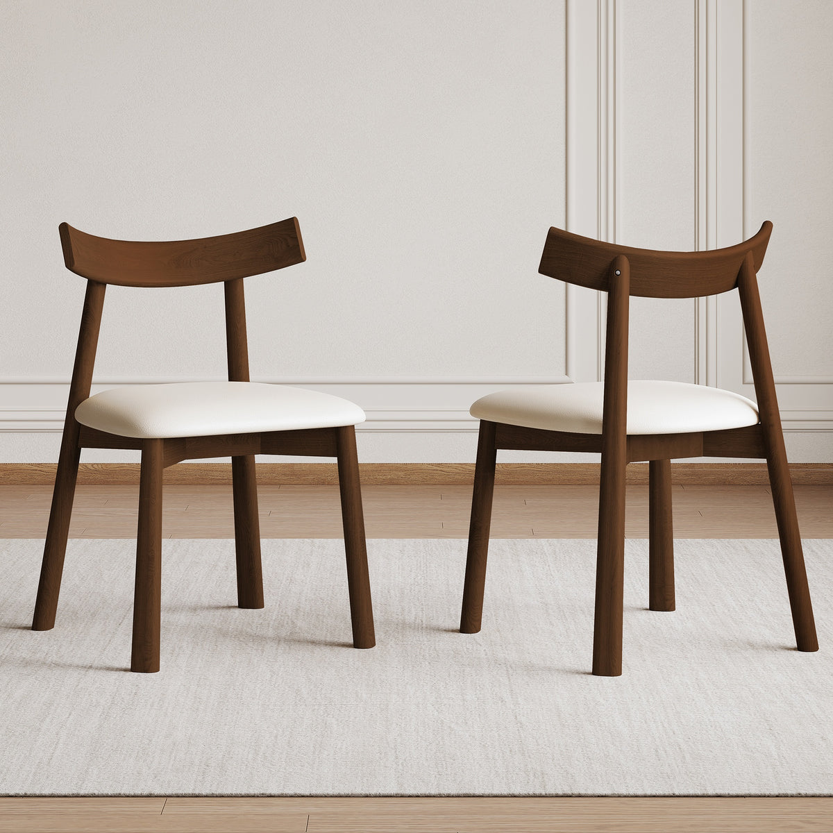 Set of 2 Modern Dining Chairs in Walnut Finish, Ergonomic Armless Kitchen Chairs with Thick Cushions, Leather Upholstery & Sturdy Wooden Legs, Curved Backrest Chairs for Restaurant, Cafe, Bedroom