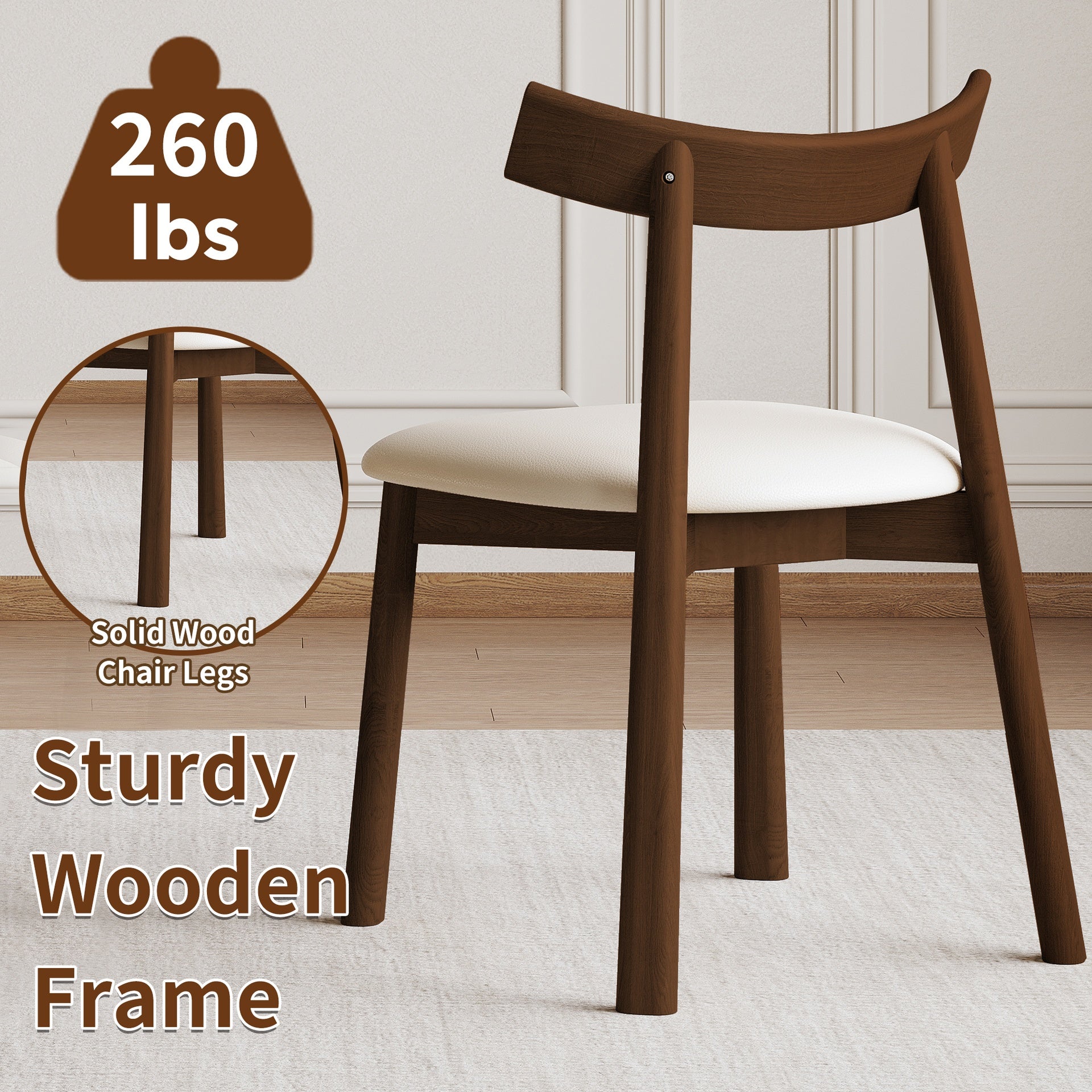 Set of 2 Modern Dining Chairs in Walnut Finish, Ergonomic Armless Kitchen Chairs with Thick Cushions, Leather Upholstery & Sturdy Wooden Legs, Curved Backrest Chairs for Restaurant, Cafe, Bedroom