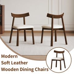 Set of 2 Modern Dining Chairs in Walnut Finish, Ergonomic Armless Kitchen Chairs with Thick Cushions, Leather Upholstery & Sturdy Wooden Legs, Curved Backrest Chairs for Restaurant, Cafe, Bedroom
