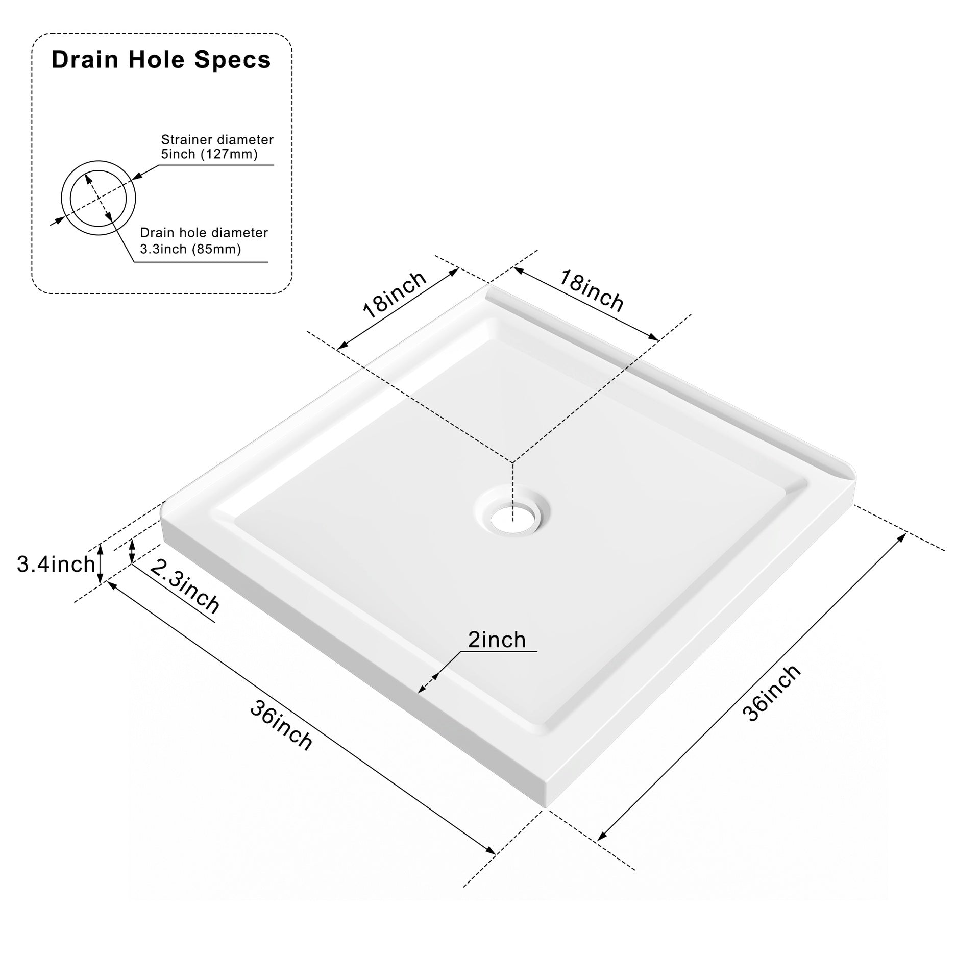 Goodyo 36"x36" Shower Base 3.3" Height Anti-slip Acrylic Center Drain Double Threshold Shower Basin in White