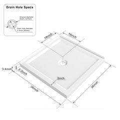 Goodyo 36"x36" Shower Base 3.3" Height Anti-slip Acrylic Center Drain Double Threshold Shower Basin in White