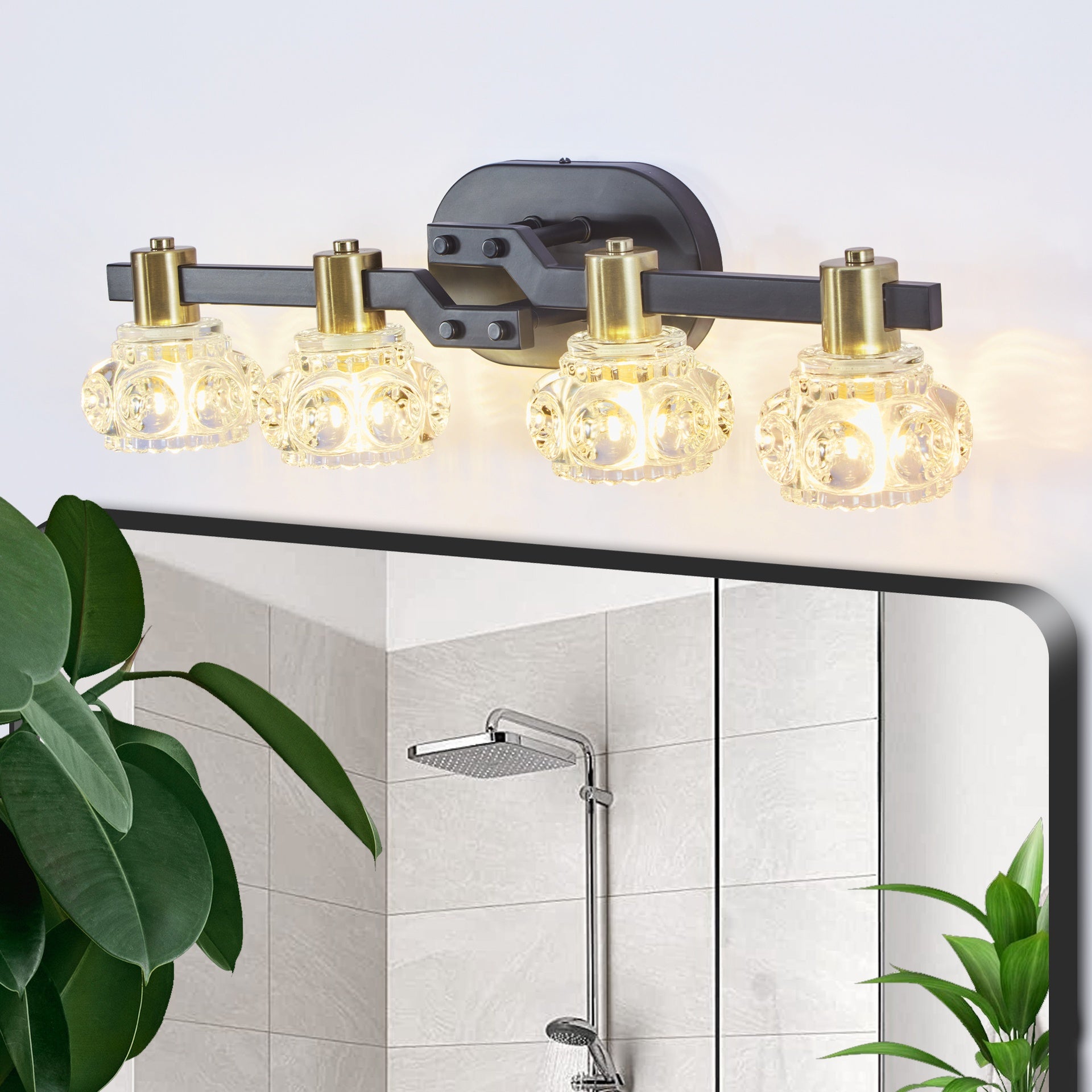 24" Vintage 4-Light Wall Sconce with Clear Crystal Shades, Black Iron Finish Vanity Light Fixture for Bathroom or Hallway (No Bulbs)
