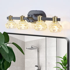 24" Vintage 4-Light Wall Sconce with Clear Crystal Shades, Black Iron Finish Vanity Light Fixture for Bathroom or Hallway (No Bulbs)