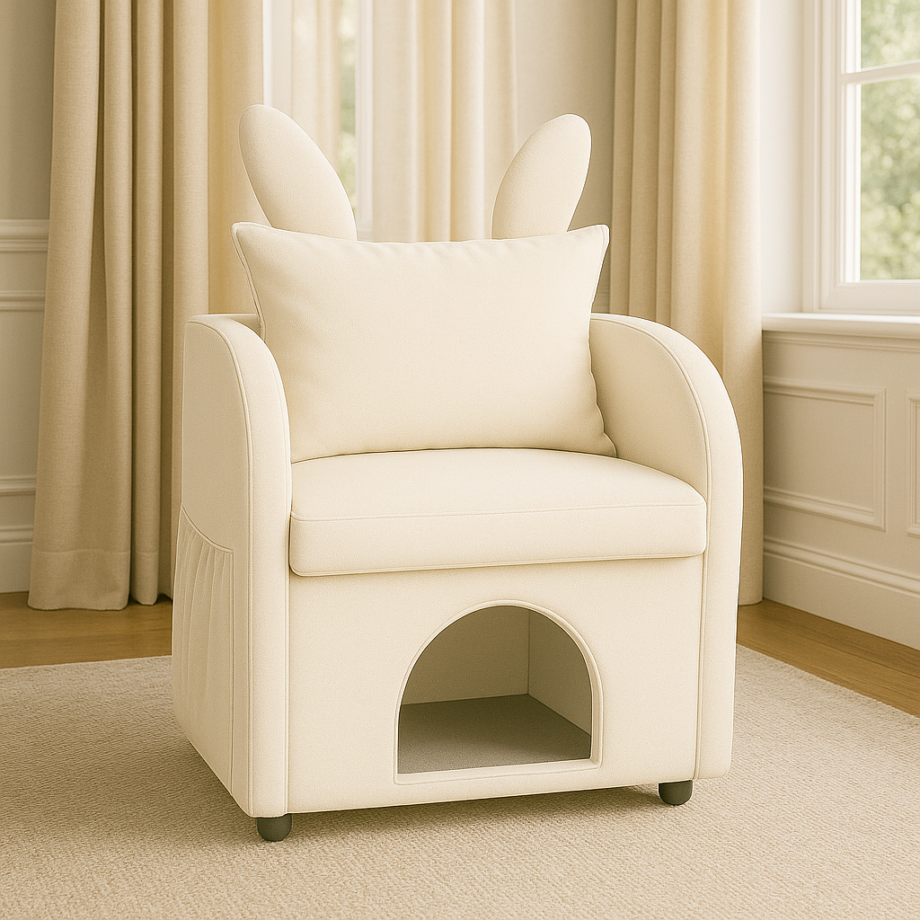Beige Bunny-Ear Pet-Friendly Armchair with Built-in Cat & Dog Hideaway, Cozy Dual-Use Sofa Chair with Side Pocket, 27.4 x 25.2 x 37.4 inch