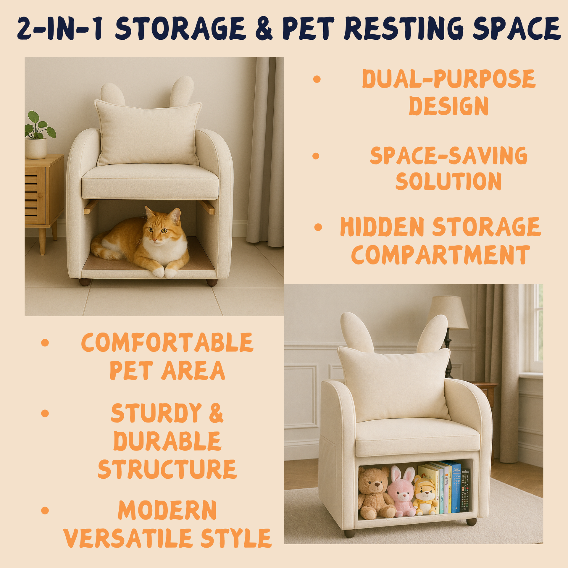Beige Bunny-Ear Pet-Friendly Armchair with Built-in Cat & Dog Hideaway, Cozy Dual-Use Sofa Chair with Side Pocket, 27.4 x 25.2 x 37.4 inch