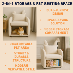 Beige Bunny-Ear Pet-Friendly Armchair with Built-in Cat & Dog Hideaway, Cozy Dual-Use Sofa Chair with Side Pocket, 27.4 x 25.2 x 37.4 inch