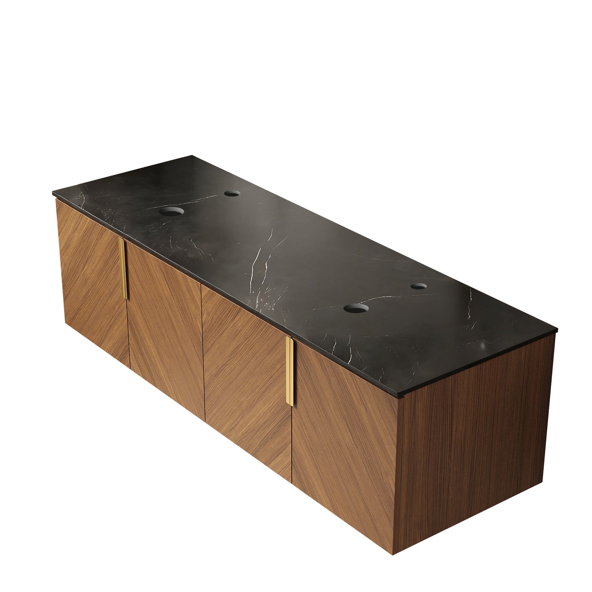 60" ARAI Black Sintered Stone with Stone Pattern Countertop and Brown Oak Cabinet, NO Basin, NO Faucet and Sink Cover